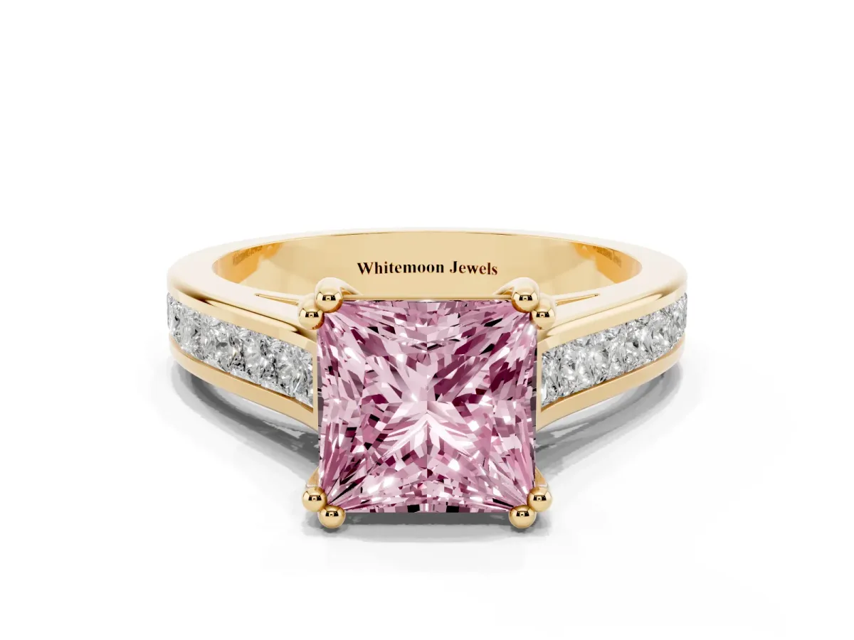 Fancy Pink Princess Cut Cut Channel Set Solitaire Engagement Ring with Prong Setting Yellow gold