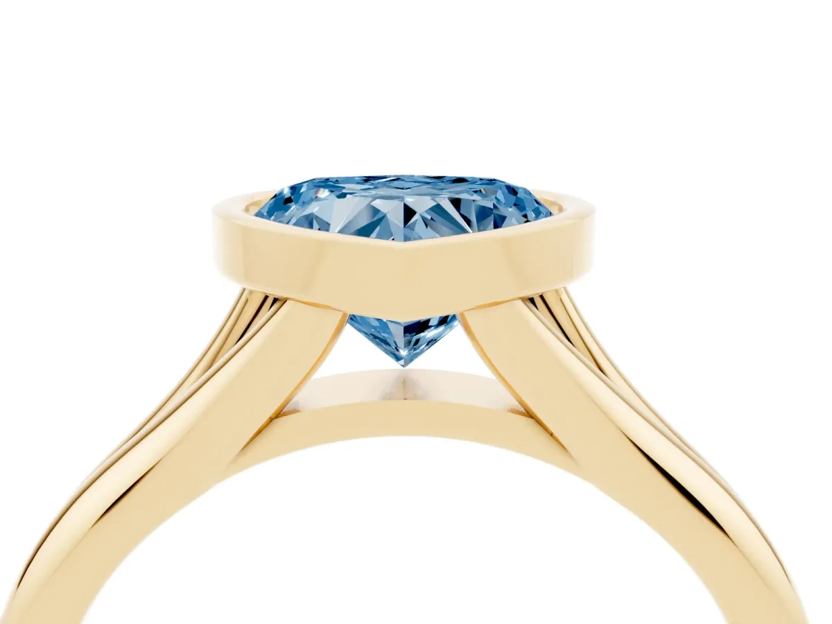 Fancy Blue Bezel Set Heart Cut Solitaire Diamond Ring with Smooth Band Yellow gold