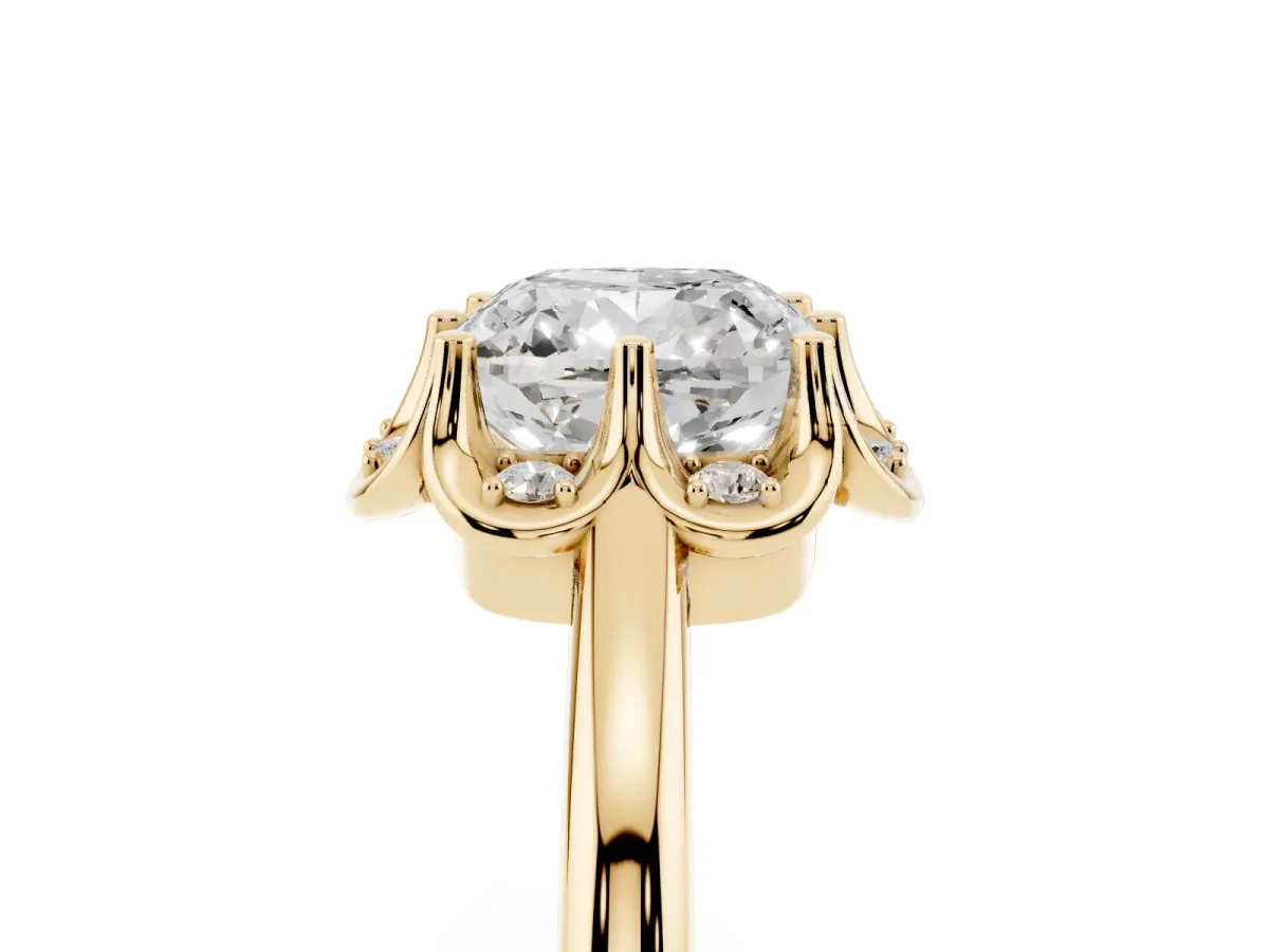 Cushion Cut Halo Diamond Ring with Round Cluster Setting, Solitaire Band, and Four-Prong Setting Yellow gold