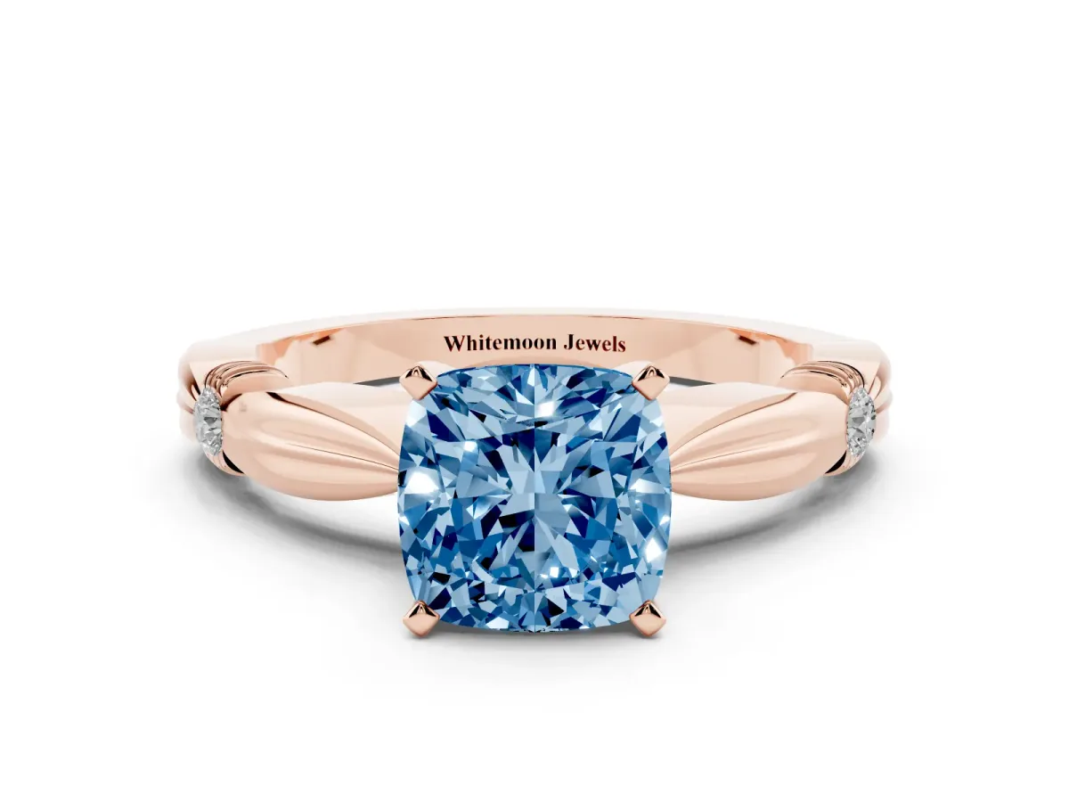 Fancy Blue Cushion Cut Solitaire Diamond Twisted Band with Four-Prong Setting Rose gold