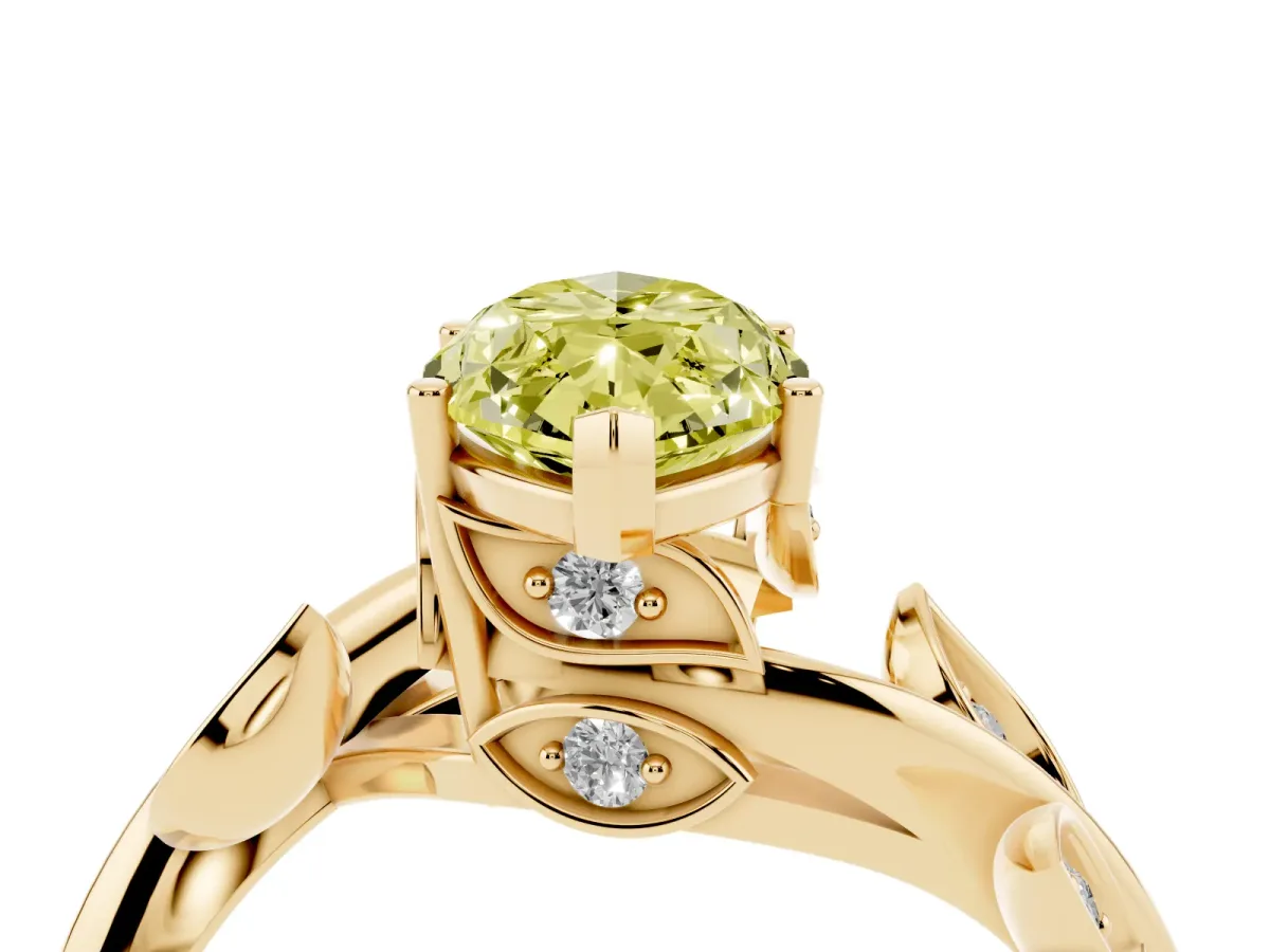 Fancy Yellow Marquise Cut Solitaire Twist Engagement Ring with Leaf Accents and Prong Setting Yellow gold