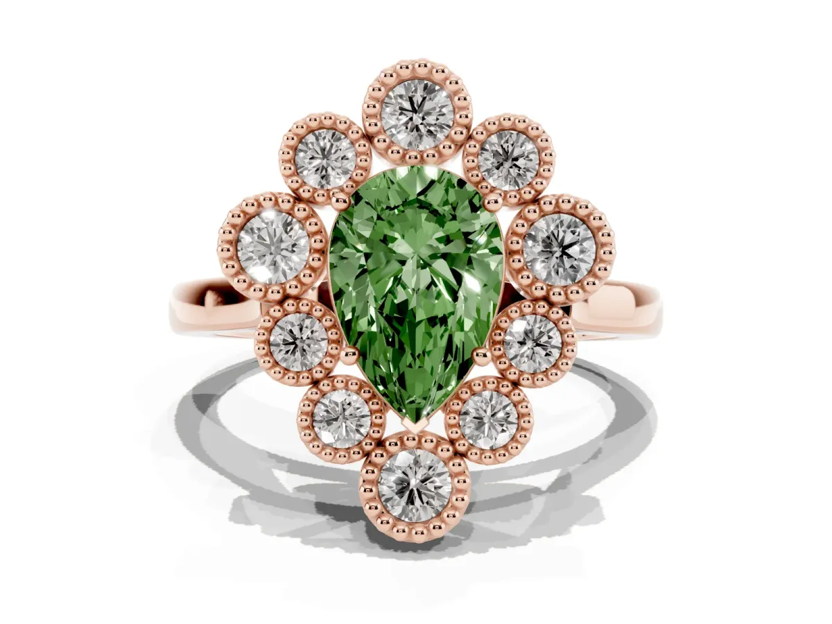 Fancy Green Pear Cut Halo Diamond Cluster Engagement Ring with Milgrain Bezel Setting and Solitaire Band Rose gold