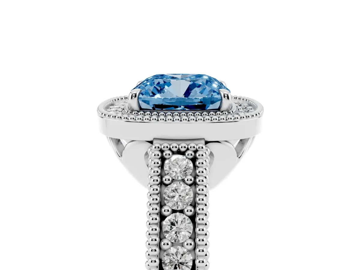 Fancy Blue Cushion Cut Cut Halo Diamond Ring with Pavé Band and Four-Prong Setting Silver
