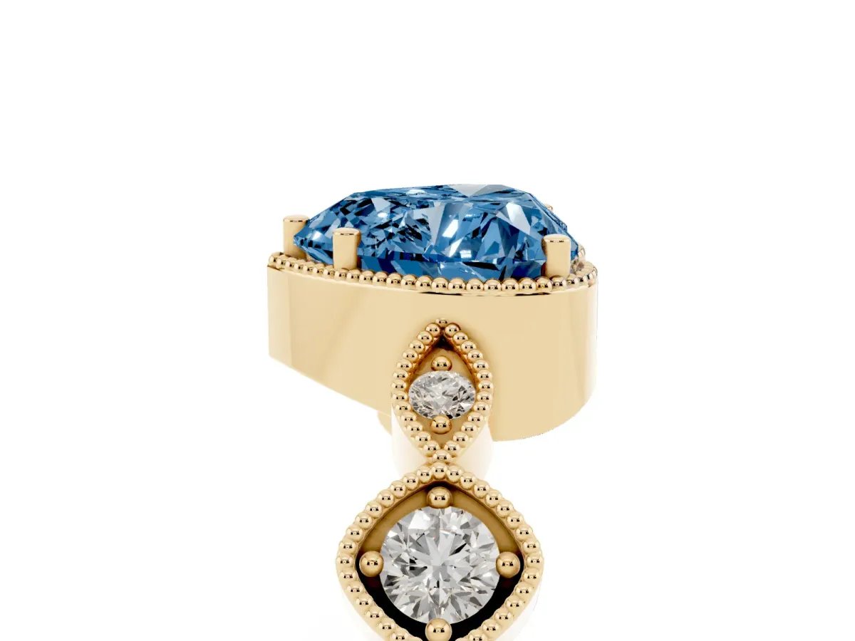 Fancy Blue Heart Cut Diamond Vintage Milgrain Ring with Round Stations Yellow gold