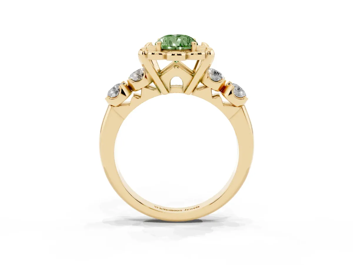 Fancy Green Pear Cut Cut Diamond Floral Halo Engagement Ring with Shared Prong Setting Yellow gold