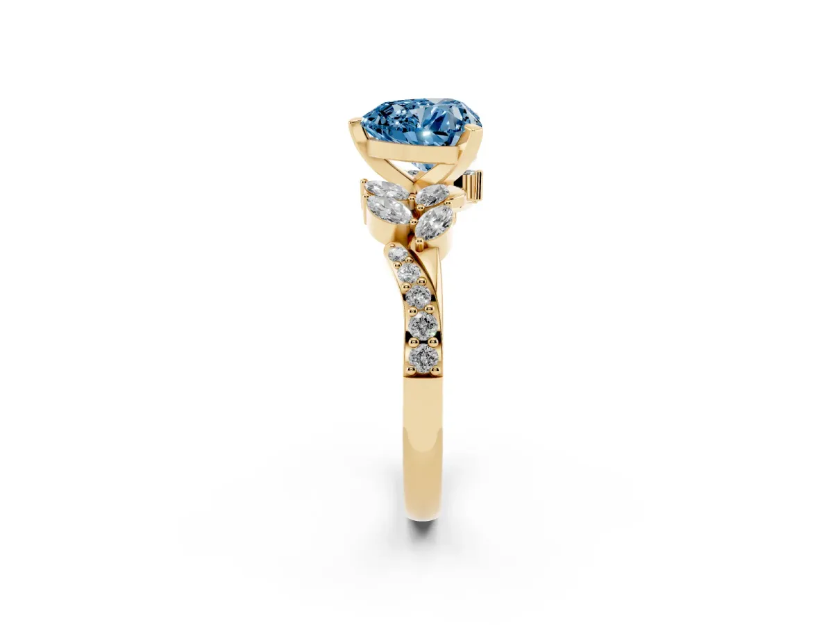 Fancy Blue Heart Cut Solitaire Marquise Twist Band with Six-Prong Setting Yellow gold