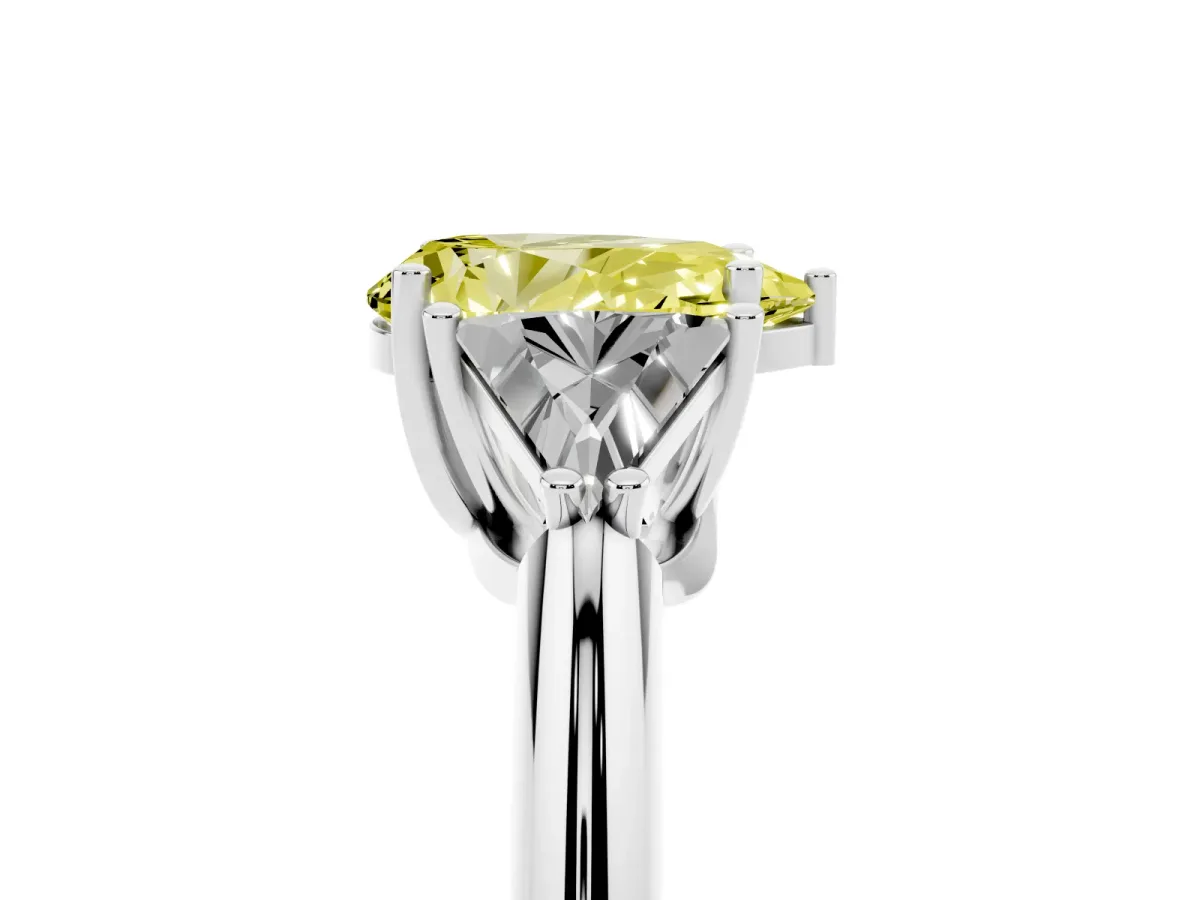Fancy Yellow Three-Stone Pear Cut Diamond Engagement Ring with Trillion Side Stones and Prong Setting Silver