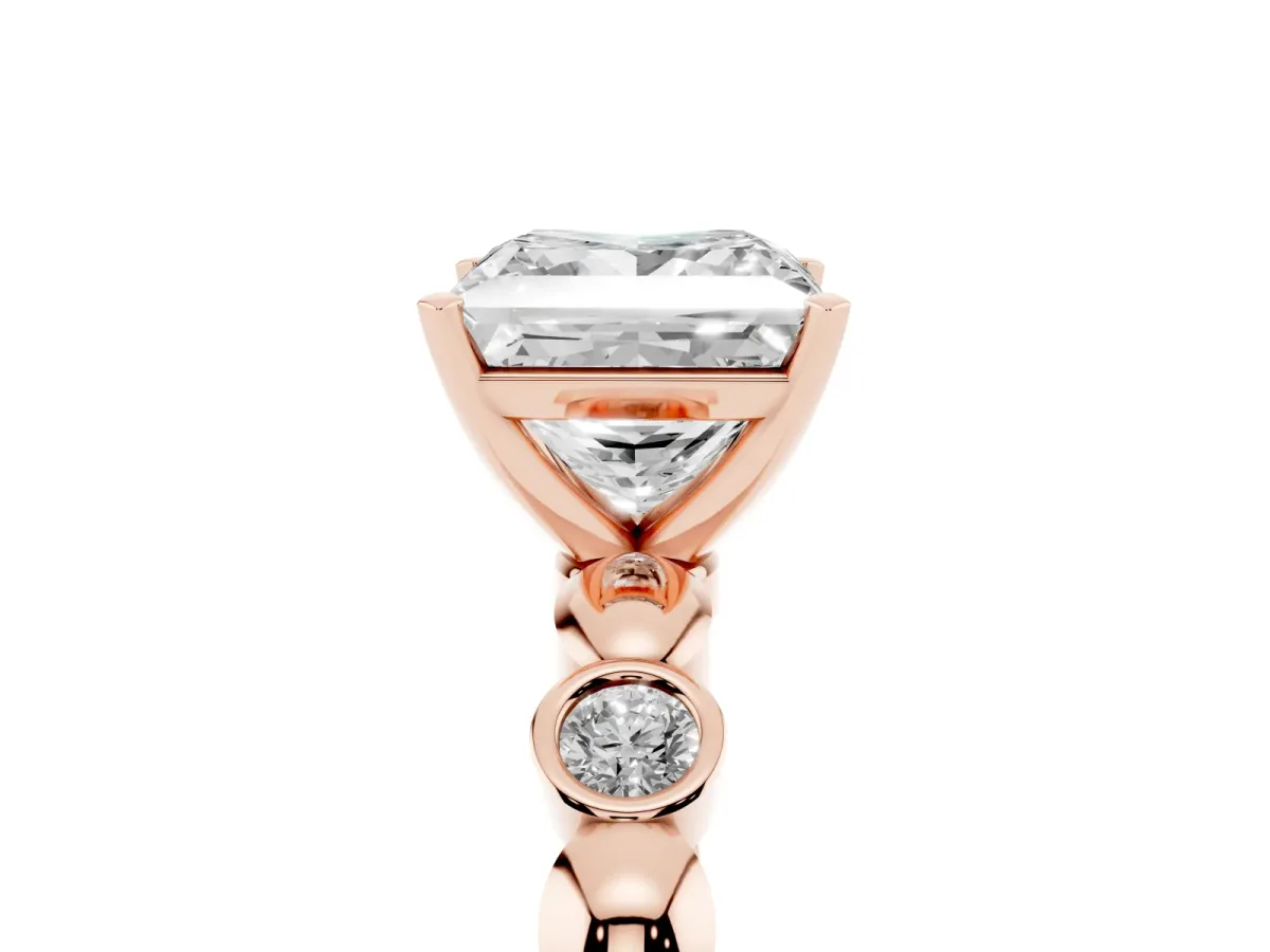 Princess Cut Solitaire Bezel-Set Diamond Ring with Beaded Band and Four-Prong Setting Rose gold