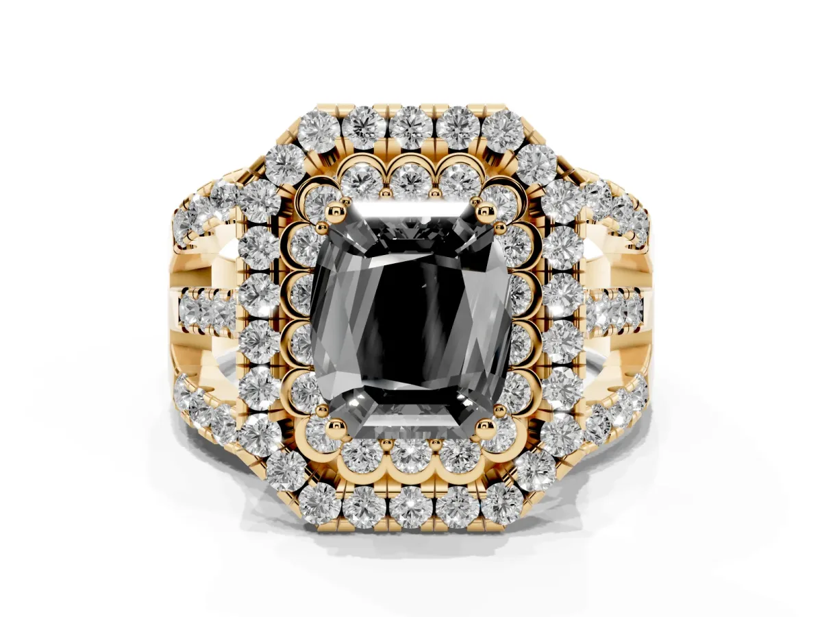 Fancy Black Emerald Cut Diamond Double Halo Ring with Round Pavé Split Shank and Prong Setting Yellow gold