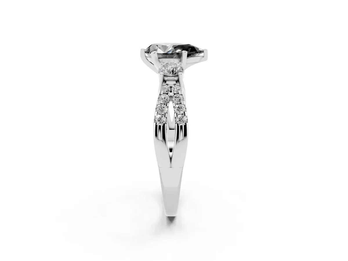 Fancy Black Pear Cut Diamond Three-Stone Ring with Pavé Split Shank and Four-Prong Setting Silver