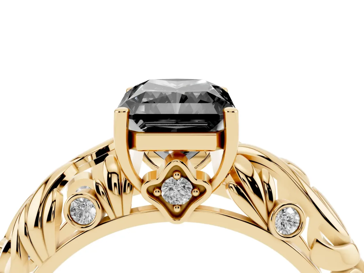 Fancy Black Radiant Cut Solitaire Diamond Leaf-Inspired Vine Band Ring with Prong Setting Yellow gold