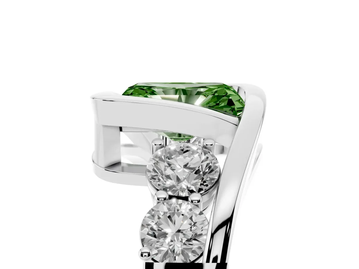 Fancy Green Bezel Set Radiant Cut Diamond Bypass Ring with Round Accents Silver