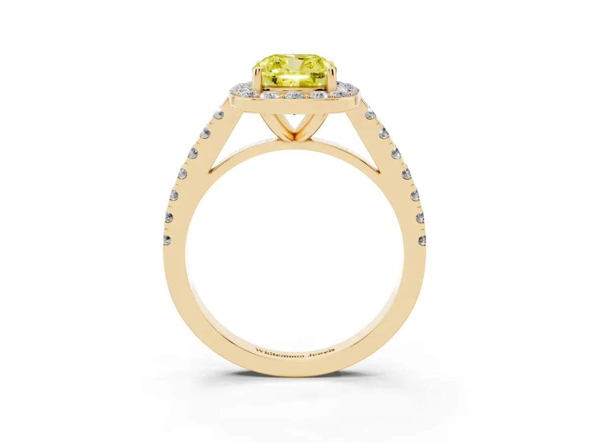 Fancy Yellow Cushion Cut Diamond Halo Ring with Round Pavé Split Shank and Prong Setting Yellow gold