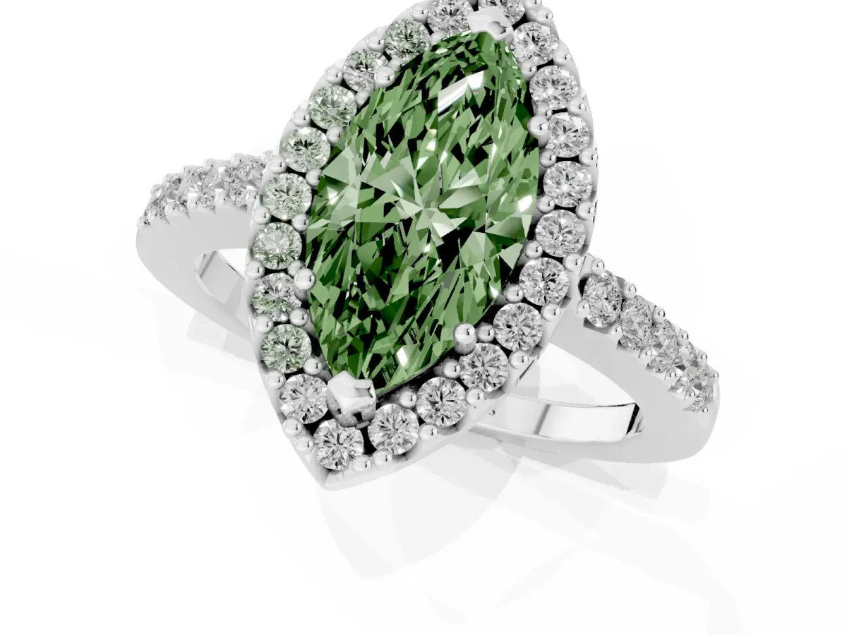 Fancy Green Marquise Cut Halo Diamond Pavé Solitaire Ring Silver