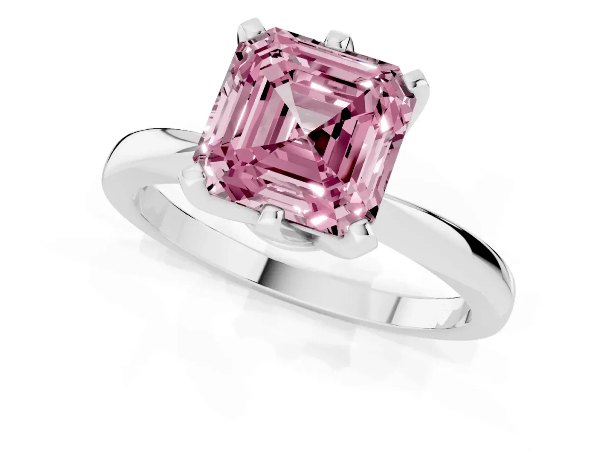 Fancy Pink Asscher Cut Solitaire Engagement Ring with Six-Prong Setting and Tapered Band White gold