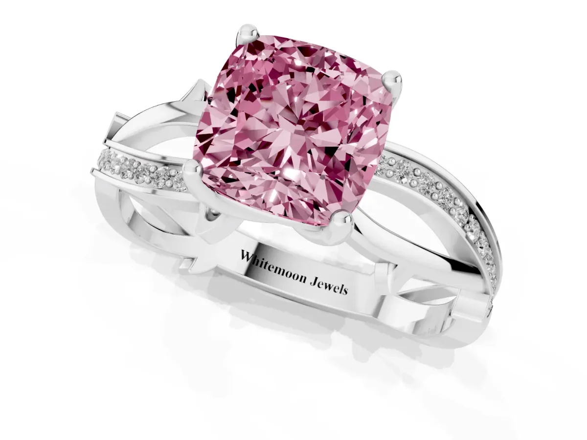 Fancy Pink Cushion Cut Solitaire Twist Band with Pavé Accents and Four-Prong Setting White gold