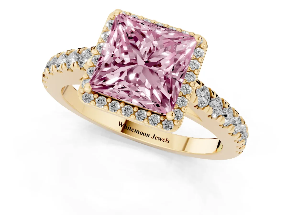 Fancy Pink Princess Cut Cut Halo Diamond Engagement Ring with Pave Band and Four-Prong Setting Yellow gold