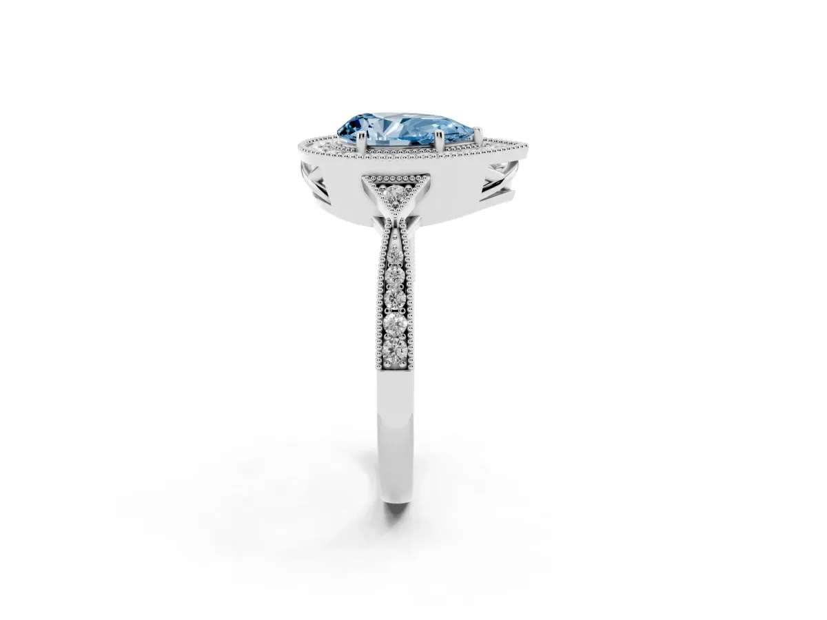 Fancy Blue Pear Cut Halo Round Diamond Milgrain Pave Engagement Ring Silver