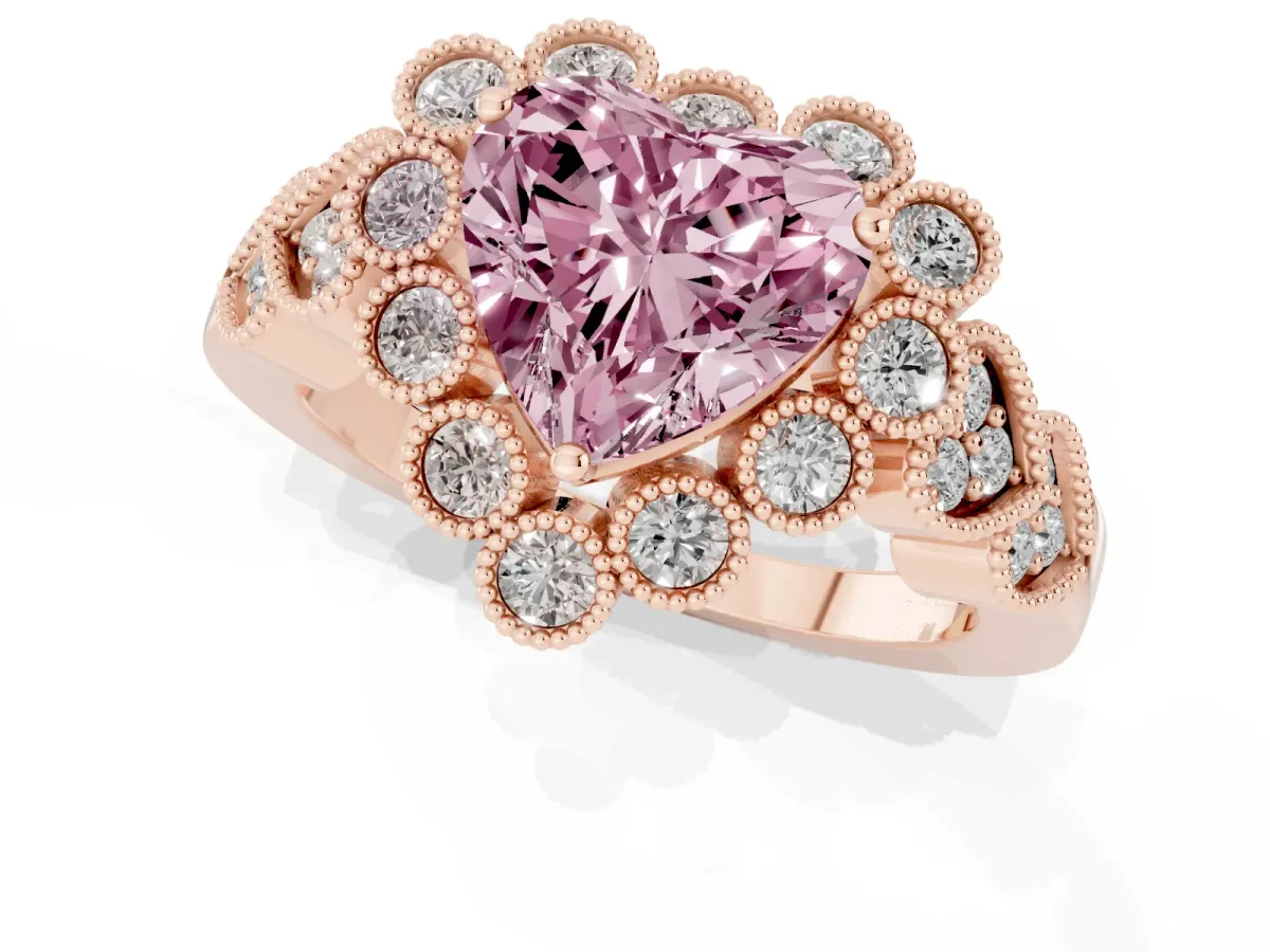 Fancy Pink Heart Cut Brilliant Milgrain Pave Heart Band Solitaire Ring Rose gold