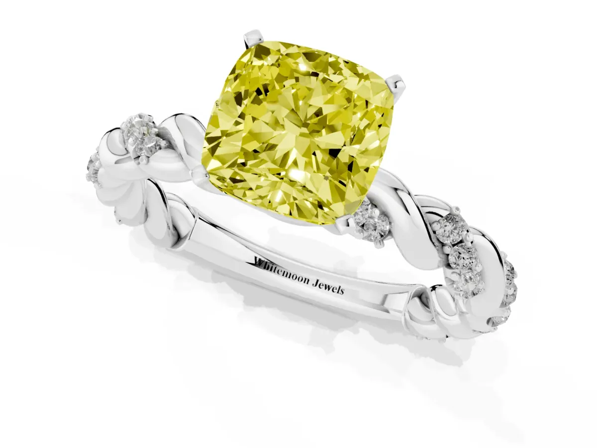 Fancy Yellow Cushion Cut Diamond Solitaire Ring with Twisted Band and Pavé Accents White gold