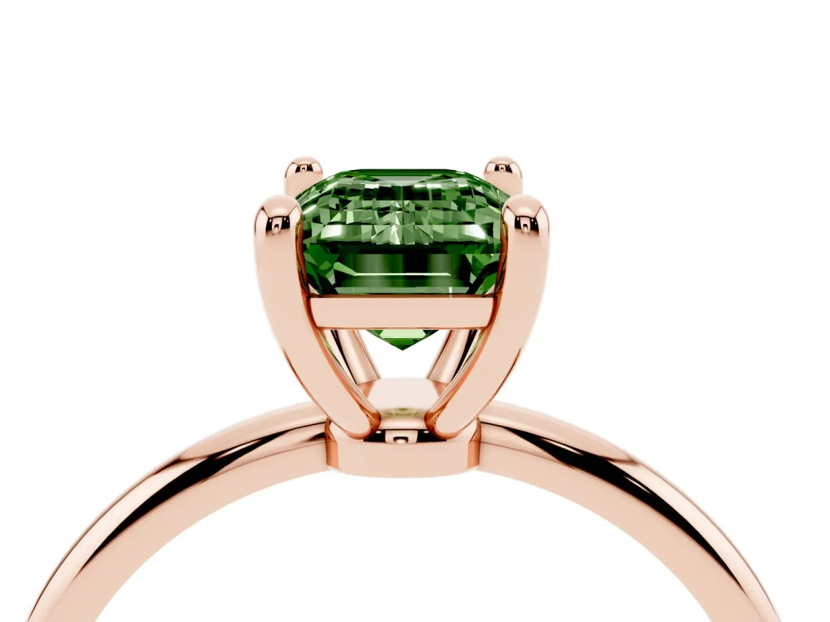 Fancy Green Emerald Cut Solitaire Diamond Ring with 4-Prong Setting on a Classic Band Rose gold