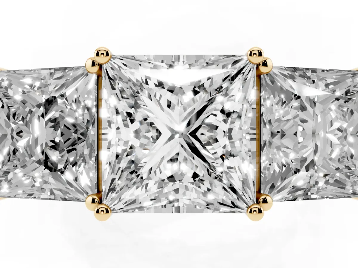 Princess Cut Diamond Three-Stone Ring with Prong Setting and Textured Band Yellow gold