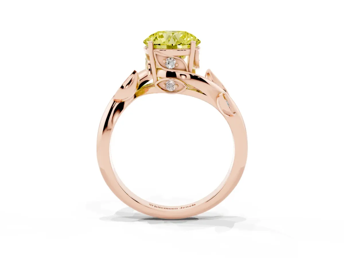 Fancy Yellow Round Cut Solitaire Twist Engagement Ring with Leaf Accents and Prong Setting Rose gold