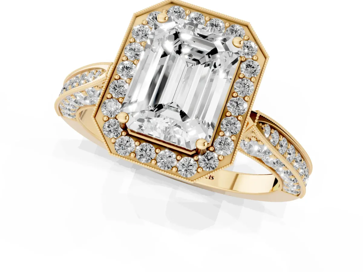 Emerald Cut Halo Diamond Engagement Ring with Split Shank Band and Four-Prong Setting Yellow gold
