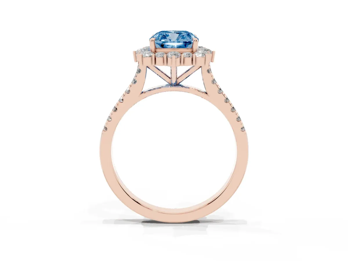 Fancy Blue Cushion Cut Halo Diamond Ring with Pavé Band and Prong Setting Rose gold