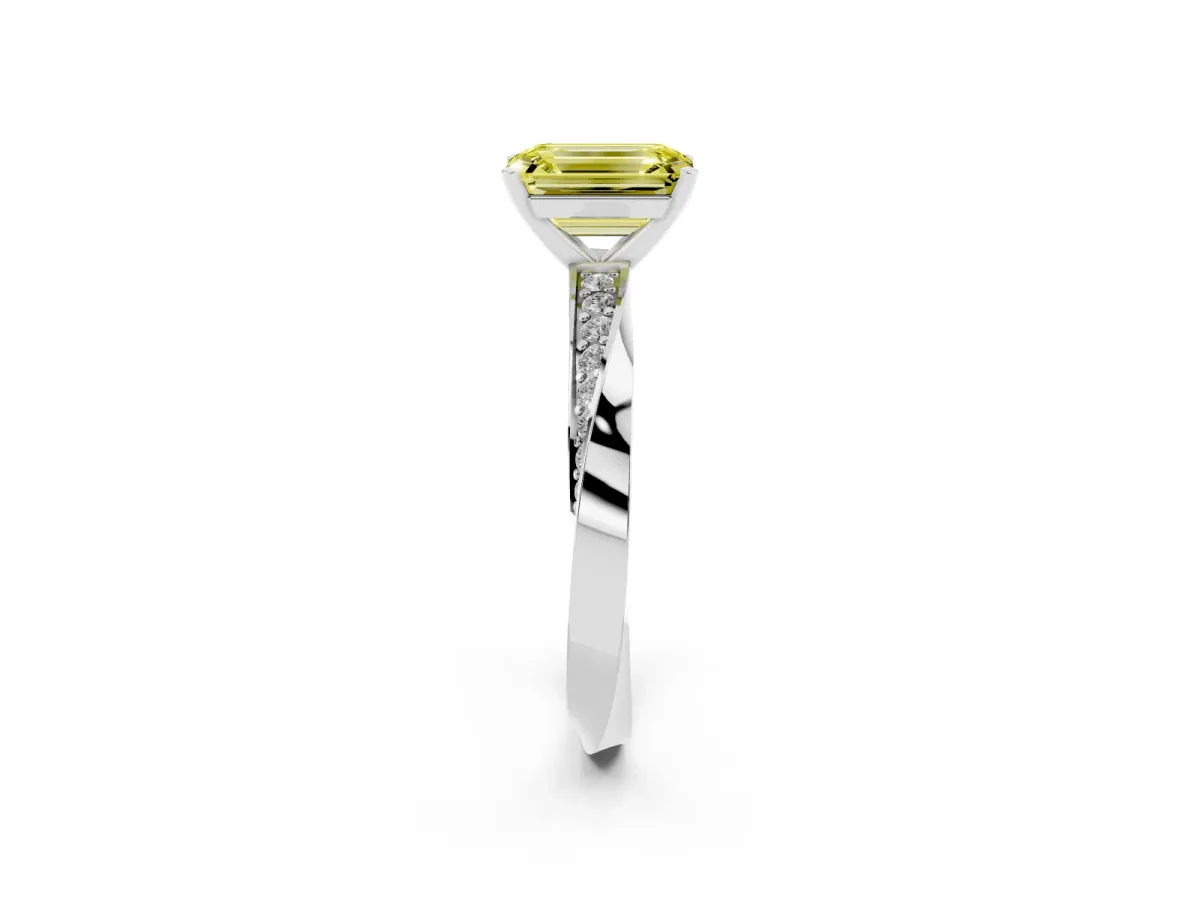 Fancy Yellow Emerald Cut Diamond Engagement Ring with Side Stone Accents and Four-Prong Setting Silver