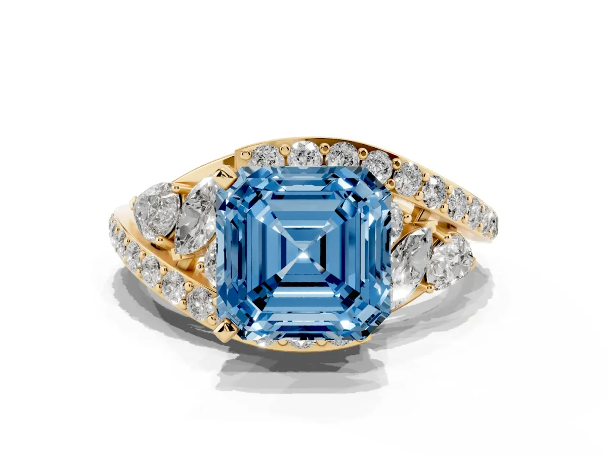 Fancy Blue Asscher Cut Diamond Halo Ring with Marquise and Pavé Band in Prong Setting Yellow gold