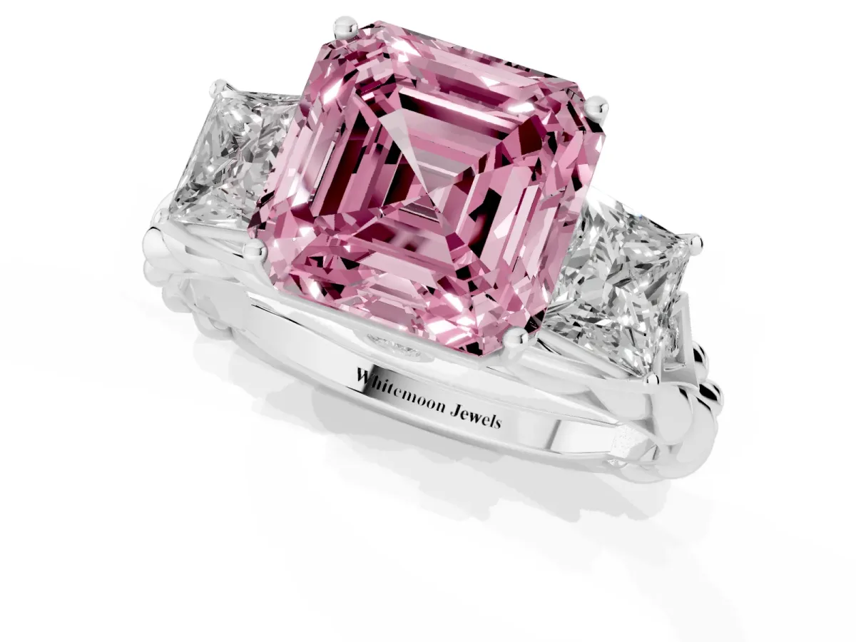 Fancy Pink Three-Stone Asscher Cut Diamond Braided Band Ring with Four-Prong Setting Platinum