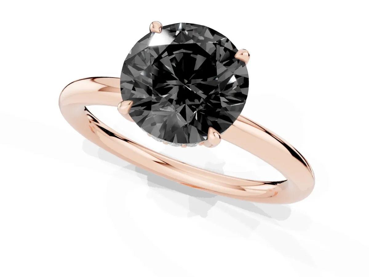 Fancy Black Round Cut Diamond Solitaire Ring with Thin Band and Four-Prong Setting Rose gold
