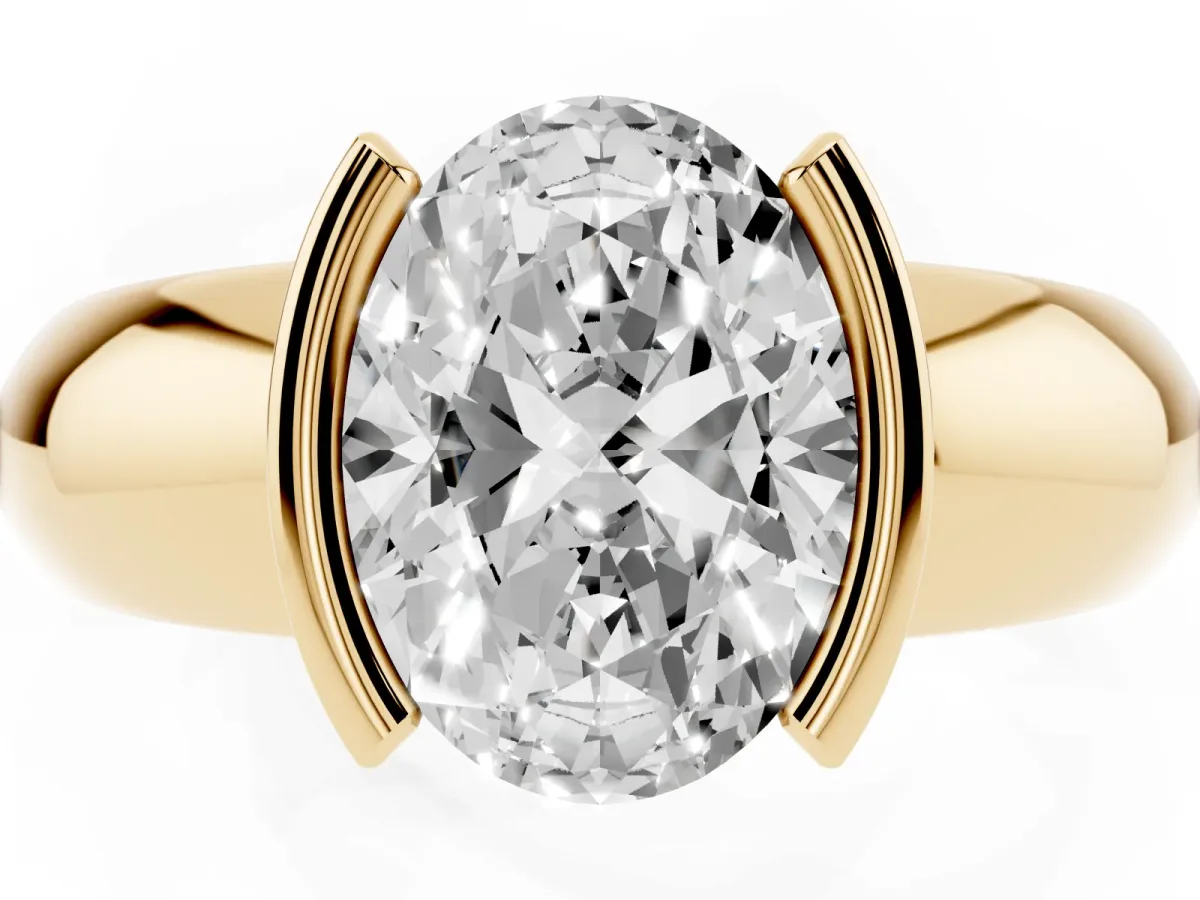 Oval Cut Solitaire Tension Set Diamond Ring with Wide Band Yellow gold