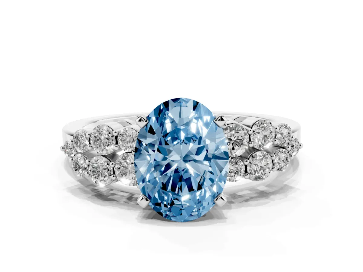 Fancy Blue Oval Cut Cluster Diamond Engagement Ring with Pavé Band and Four-Prong Setting Silver