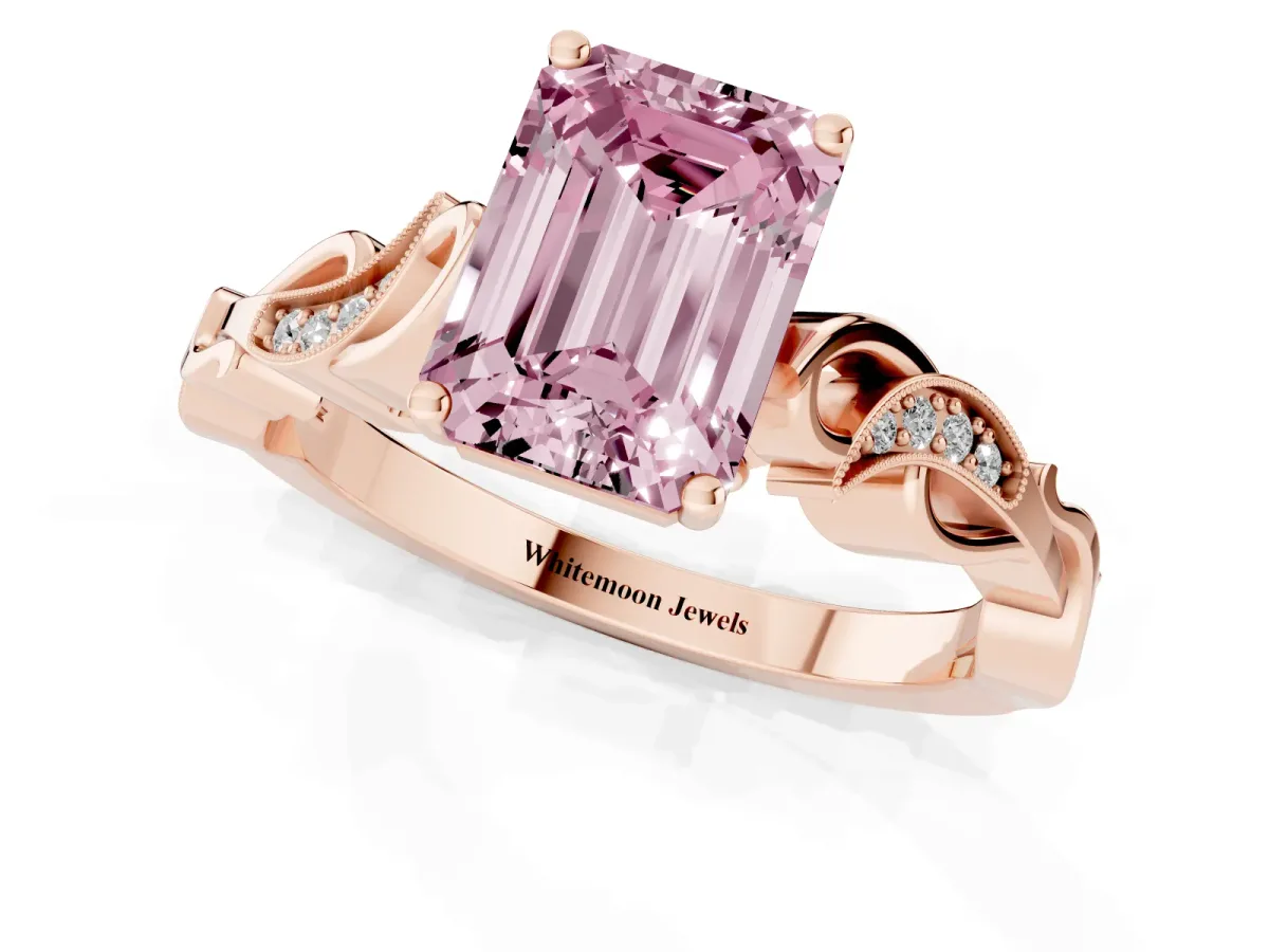 Fancy Pink Emerald Cut Solitaire Vine Band with Milgrain Prong Setting Rose gold