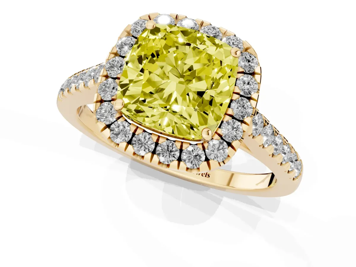 Fancy Yellow Cushion Cut Halo Pave Diamond Engagement Ring with Four-Prong Setting Yellow gold
