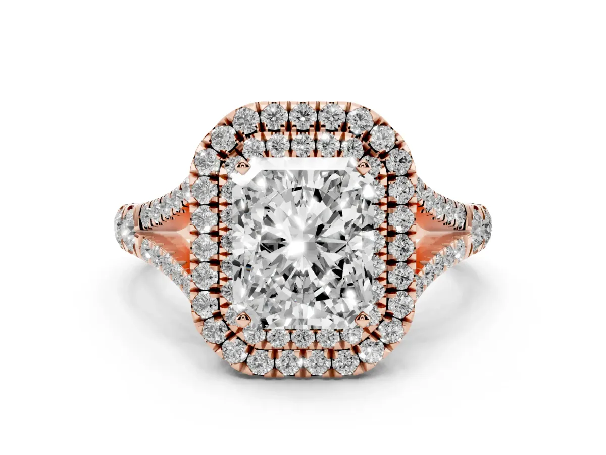 Radiant Cut Cut Double Halo Split Shank Diamond Ring with Prong Setting Rose gold