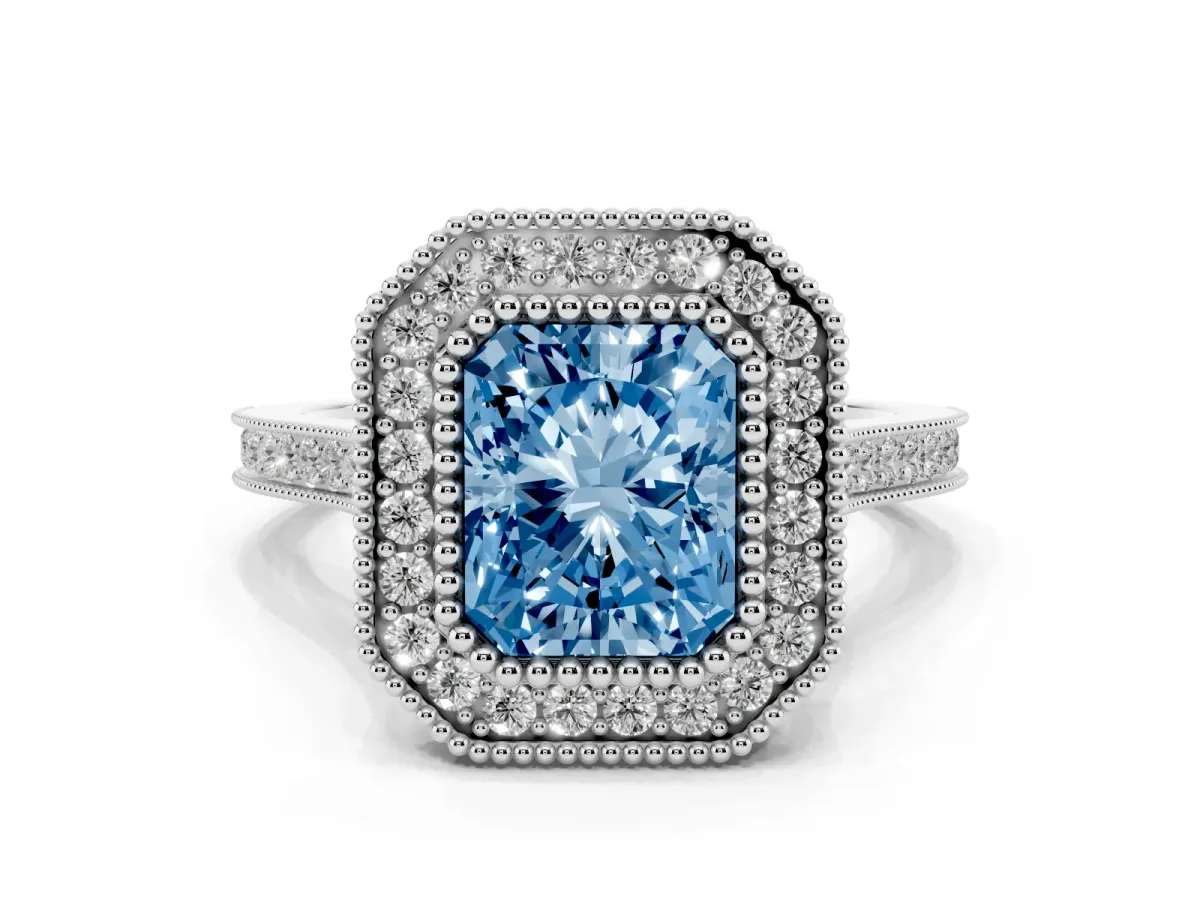 Fancy Blue Radiant Cut Diamond Halo Ring with Milgrain Frame and Pavé Band White gold