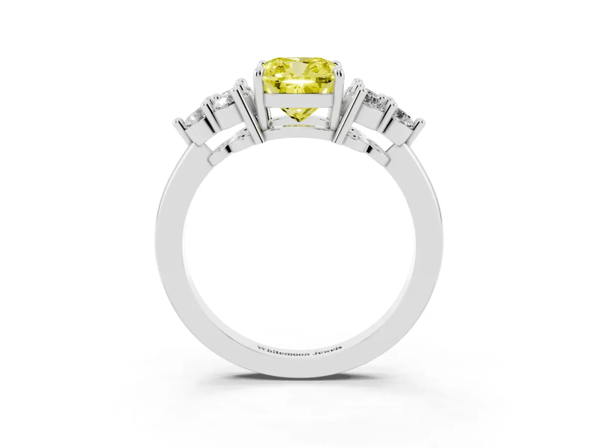 Fancy Yellow Cushion Cut Brilliant Diamond Cluster Accent Solitaire Ring with Prong Setting Silver