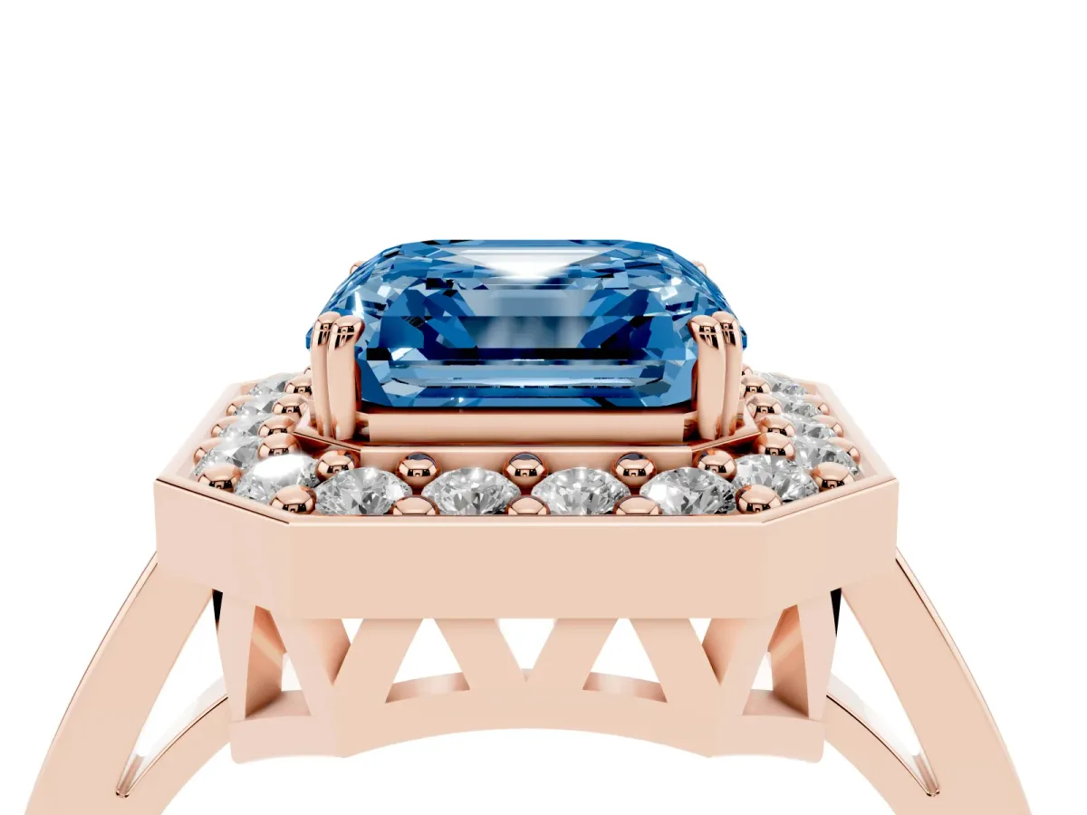 Fancy Blue Asscher Cut Diamond Halo Ring with Split Shank and Four-Prong Setting Rose gold