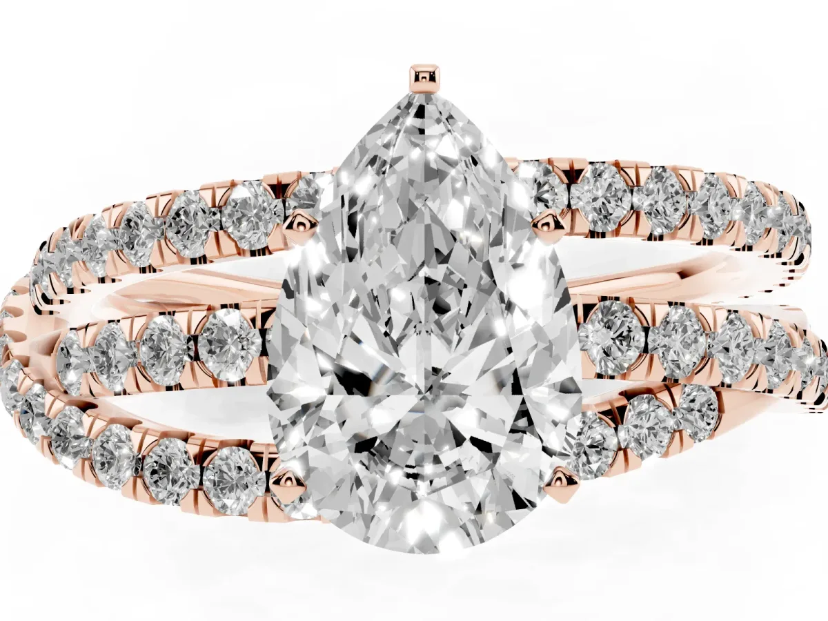 Pear Cut Solitaire Twist Band with Pavé Setting and Four-Prong Setting Rose gold