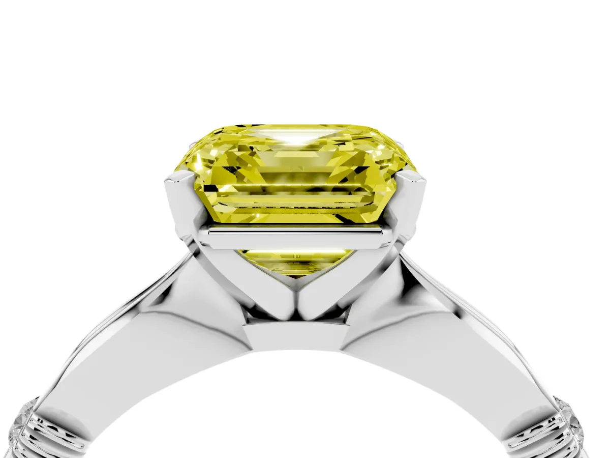 Fancy Yellow Asscher Cut Solitaire Diamond Twisted Band with Four-Prong Setting Silver