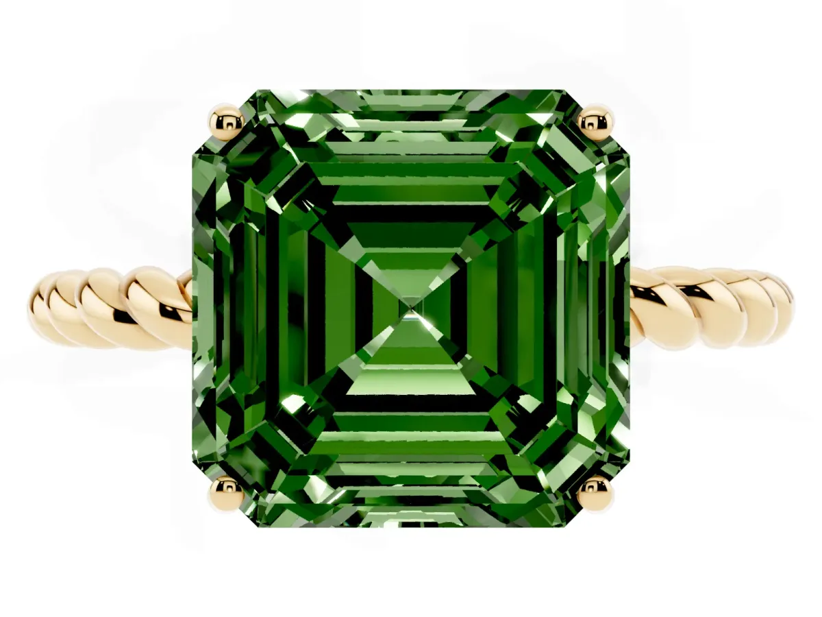 Fancy Green Asscher Cut Solitaire Twist Band Ring with Four-Prong Setting Yellow gold