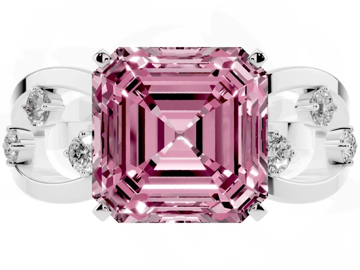 Fancy Pink Asscher Cut Cut Solitaire Diamond with Side Stones on Criss-Cross Band and Four-Prong Setting Platinum