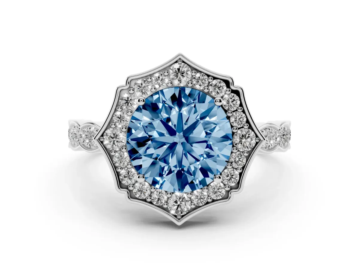 Fancy Blue Round Cut Halo Diamond Engagement Ring with Milgrain Band and Four-Prong Setting Silver
