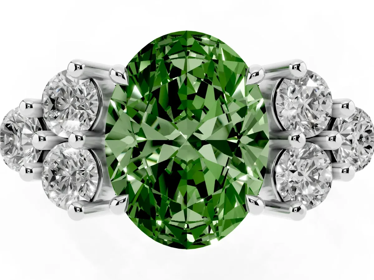 Fancy Green Oval Cut Brilliant Diamond Cluster Accent Solitaire Ring with Prong Setting Platinum