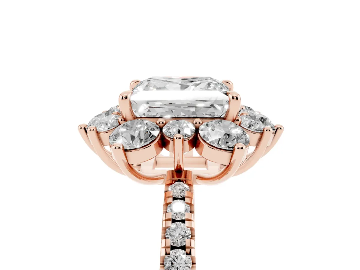 Princess Cut Diamond Floral Halo Ring with Round Pavé Band and Prong Setting Rose gold