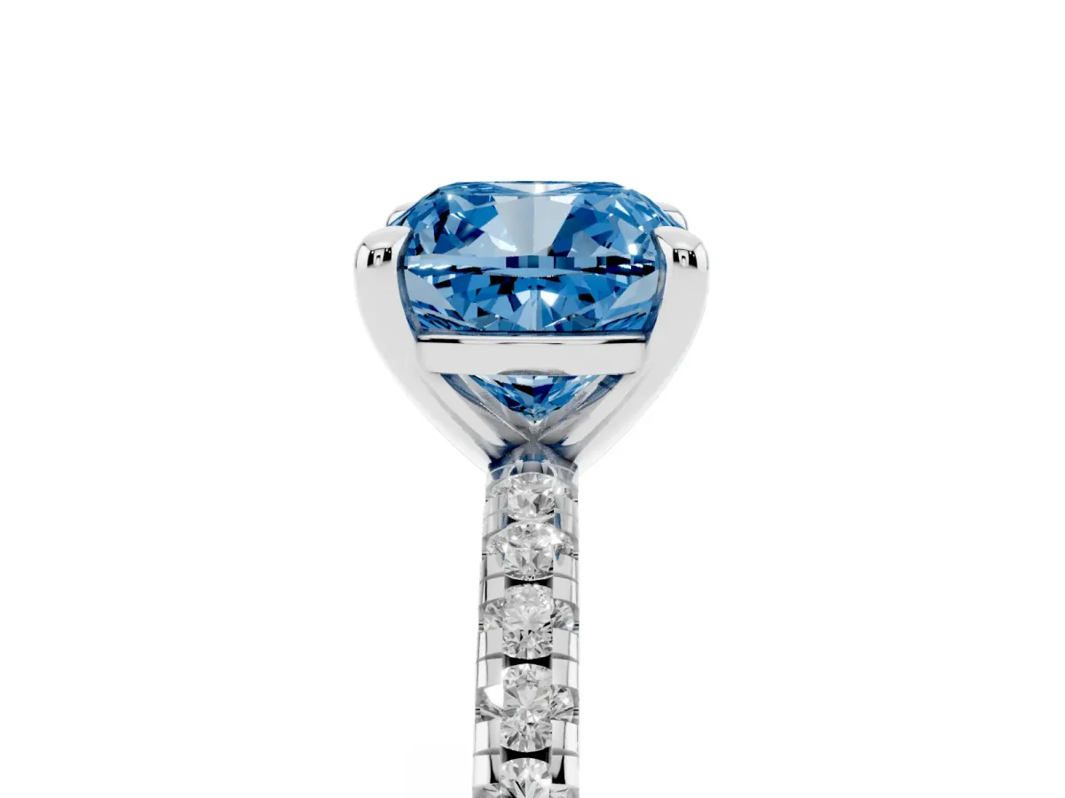Fancy Blue Cushion Cut Diamond Brilliant Solitaire Ring with Pavé Band and Four-Prong Setting Silver