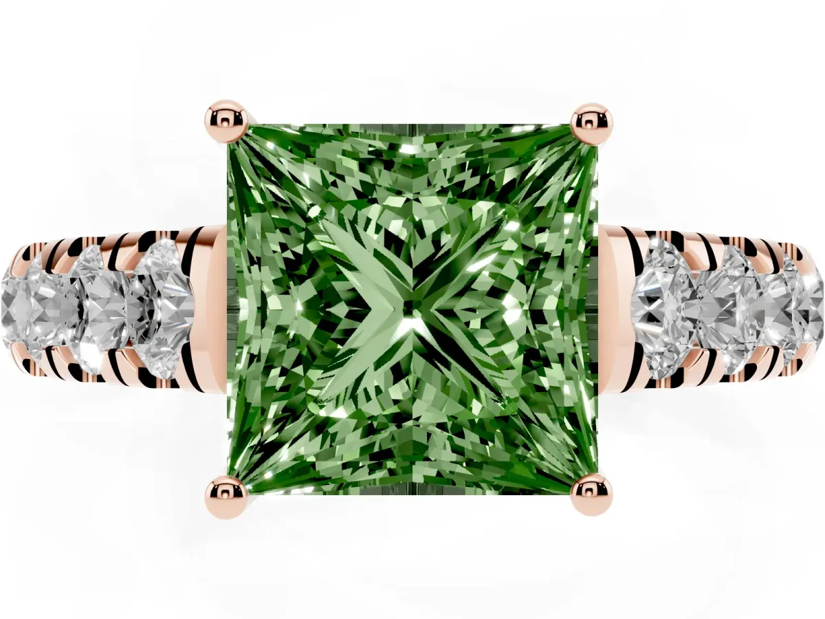 Fancy Green Princess Cut Cut Diamond Solitaire Ring with Micro Pave Band and Prong Setting Rose gold